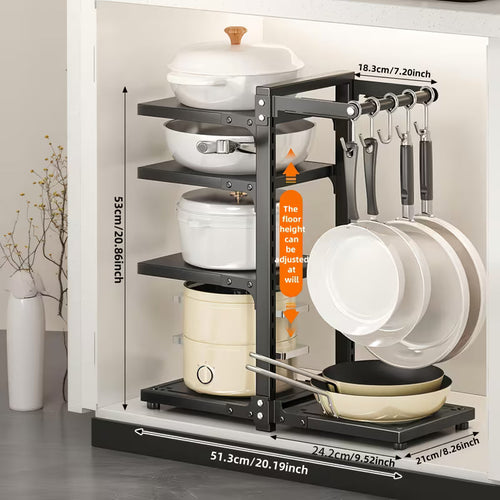 5-Tier Adjustable Carbon Steel Pot and Utensil Storage Rack with Hooks