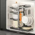 5-Tier Adjustable Carbon Steel Pot and Utensil Storage Rack with Hooks
