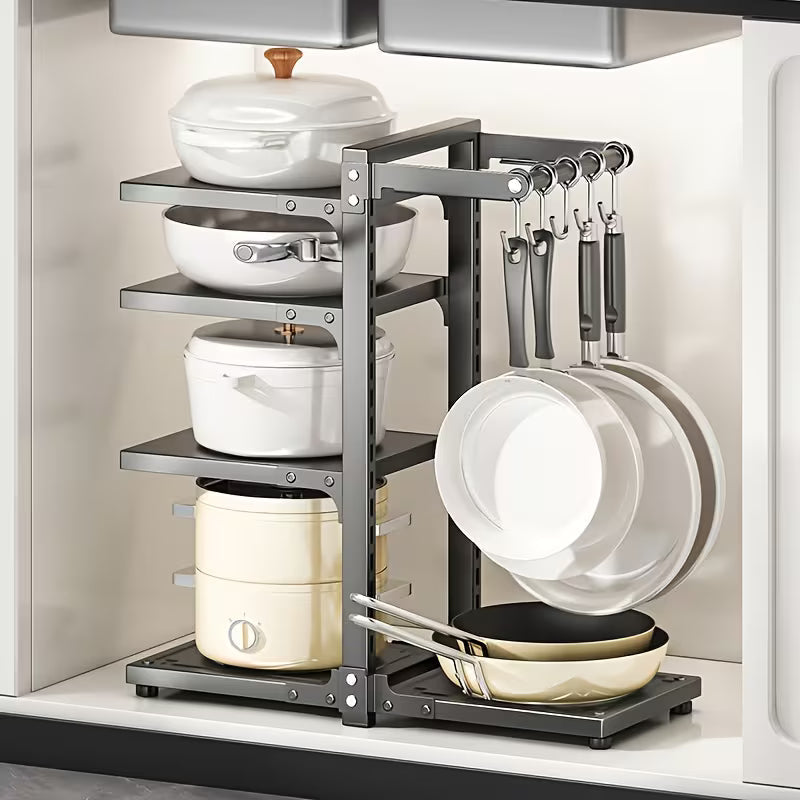 5-Tier Adjustable Carbon Steel Pot and Utensil Storage Rack with Hooks