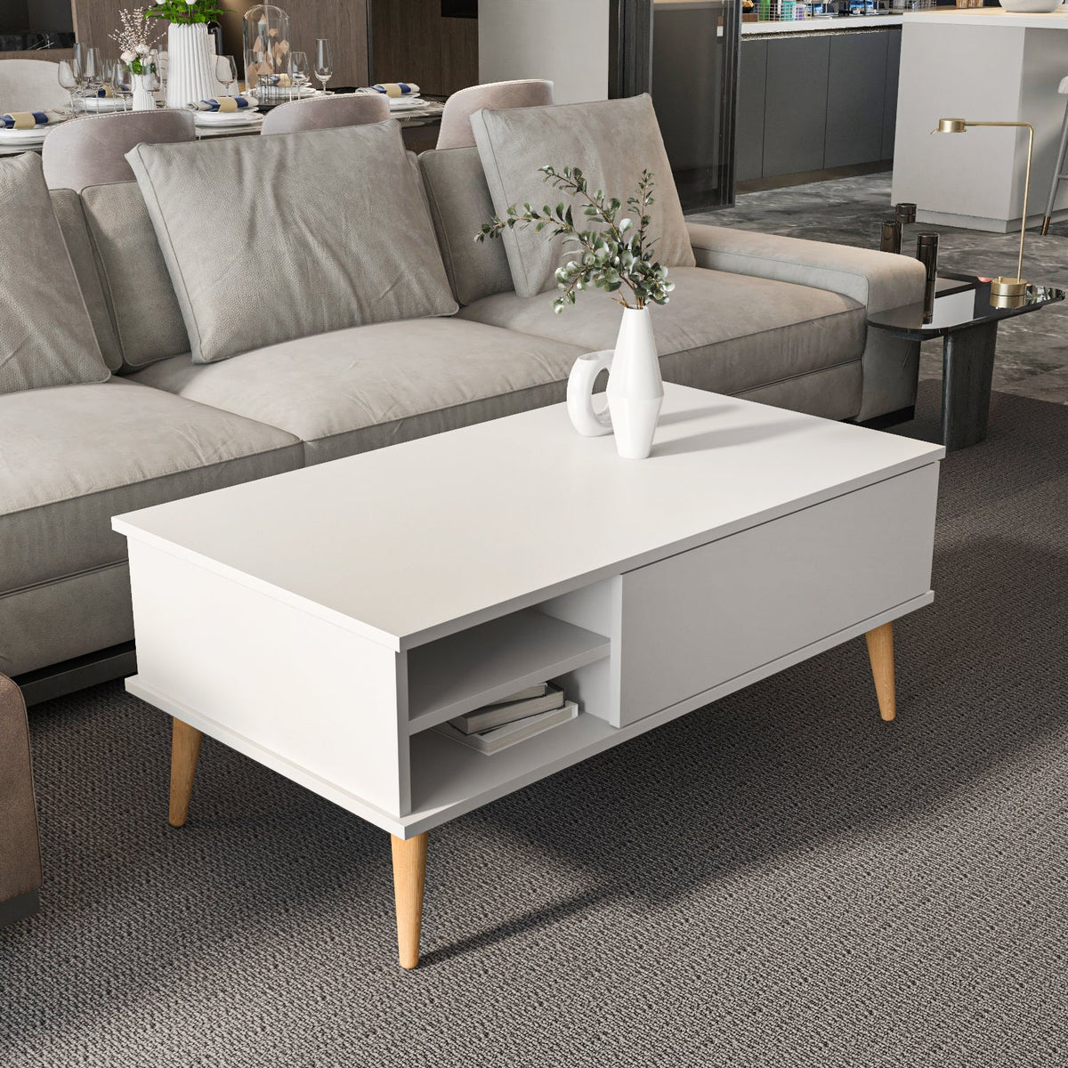 Como 47" Modern Coffee Table with Hidden Compartment and Open Shelves