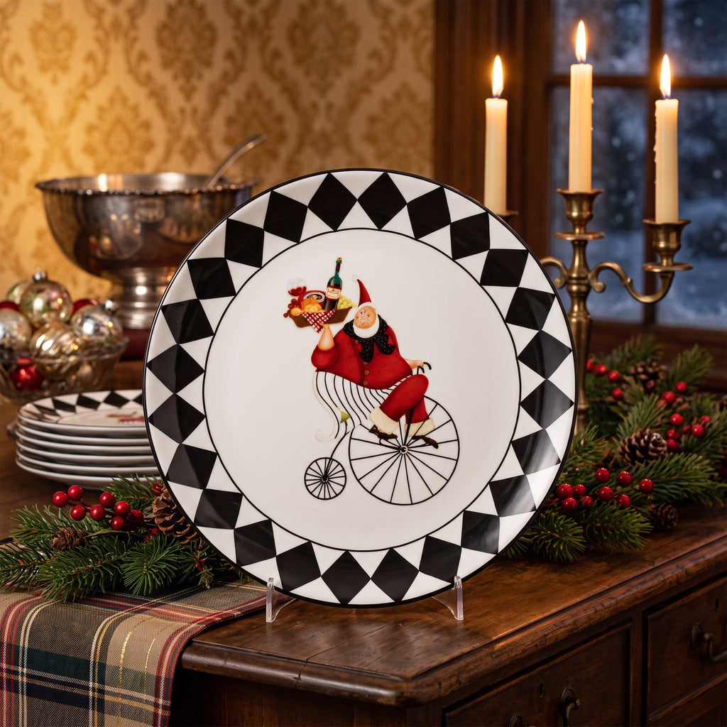 Santa Claus on a Penny-Farthing Christmas Plate - Diamond Border