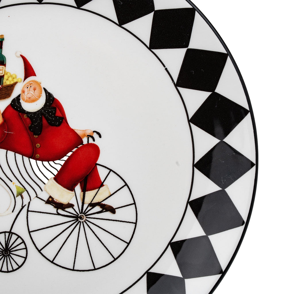 Santa Claus on a Penny-Farthing Christmas Plate - Diamond Border