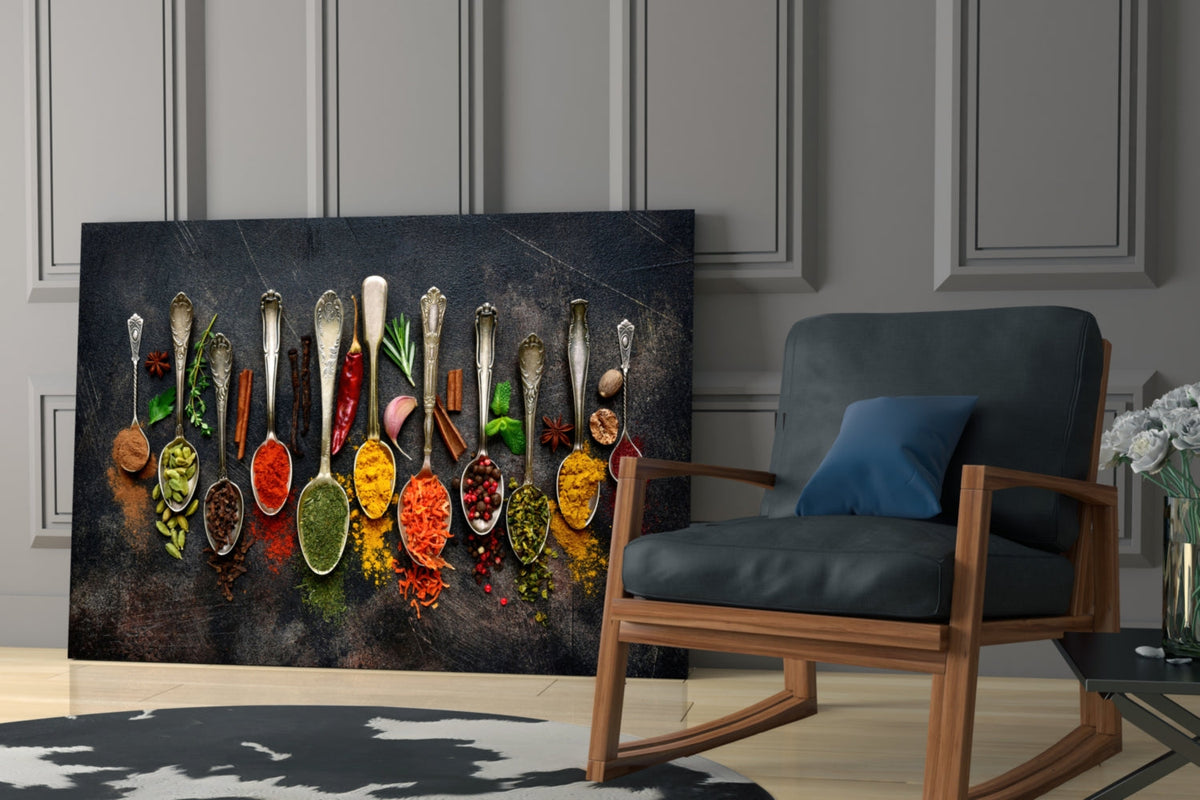 Silver Spoons Row Of Colorful Spices Glass Wall Art