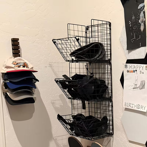 3-Tier Wall Mount Metal Wire Storage Basket with 5 S-Hooks