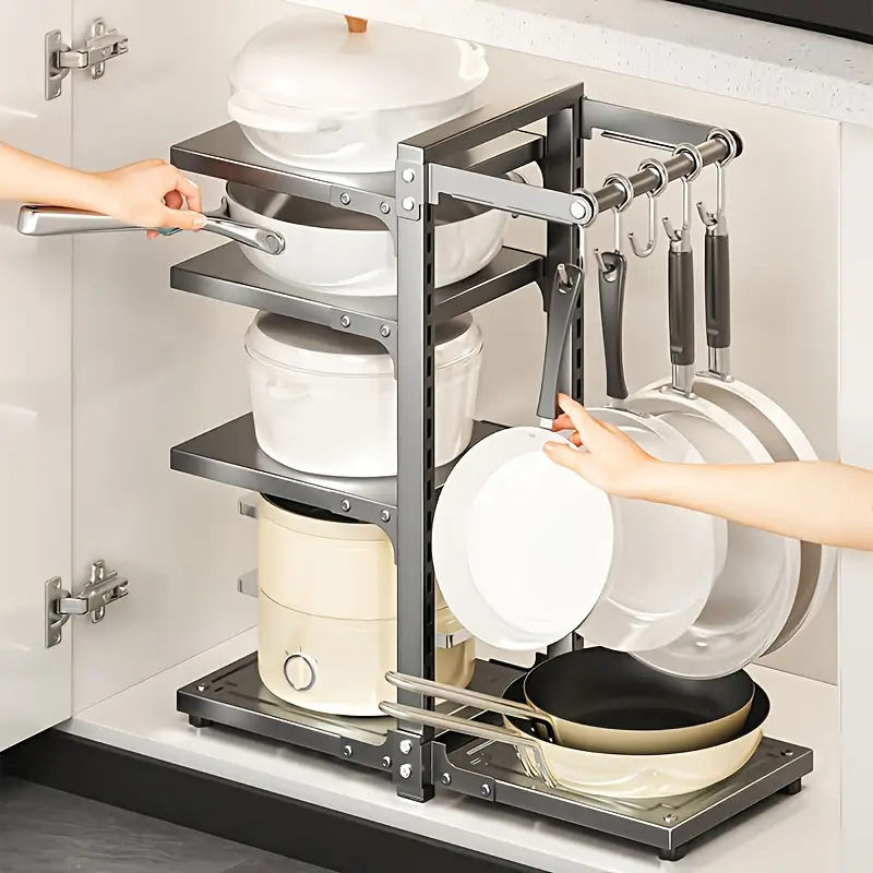 5-Tier Adjustable Carbon Steel Pot and Utensil Storage Rack with Hooks